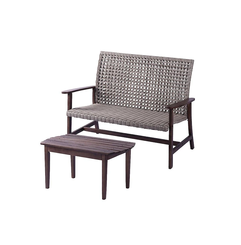 Jiallo Pine Wood And Wicker Rattan - Chat Set Loveseat And Coffee Table