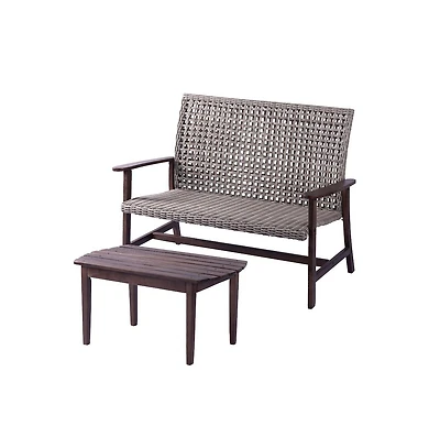Jiallo Pine Wood And Wicker Rattan - Chat Set Loveseat And Coffee Table