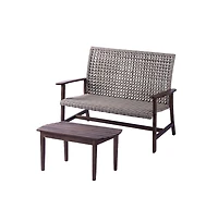 Jiallo Pine Wood And Wicker Rattan - Chat Set Loveseat And Coffee Table