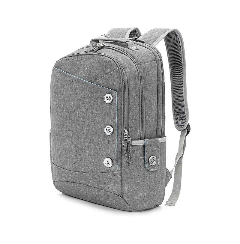 15.6 inch Grey Laptop Backpack for Men Women, Stylish Buttons Decor Daypack with Usb Charging Port, Water Resistant Computer Bag Notebook Bag Suitable