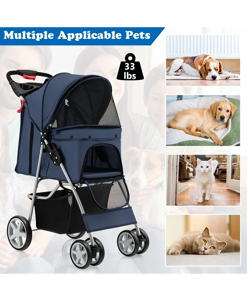 Akiudex Folding Lightweight Pet Stroller with Storage Basket and Adjustable Canopy