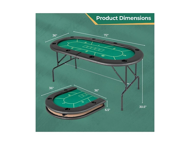 Akiudex 72 Inch Foldable Poker Table with Cup Holders and Padded Armrests for 8 Players