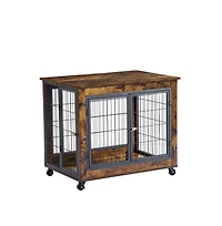 Aostirmotor Rustic Brown 31.50''W x 22.05''D x 25''H Dog Crate Table Wheels Double Doors Lift Top