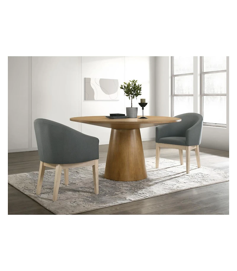 Homlux Driftwood Finish 3 Piece 59"W Round Dining Table Set with Gray Barrel Chairs
