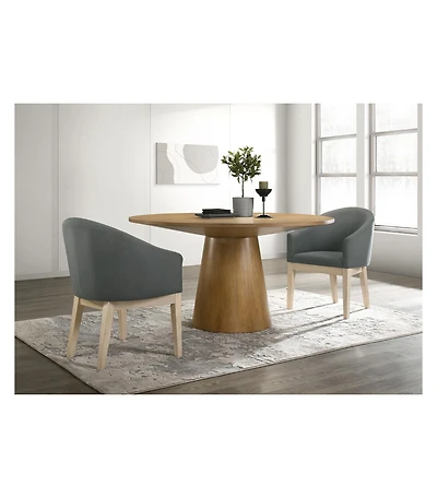 Homlux Driftwood Finish 3 Piece 59"W Round Dining Table Set with Gray Barrel Chairs