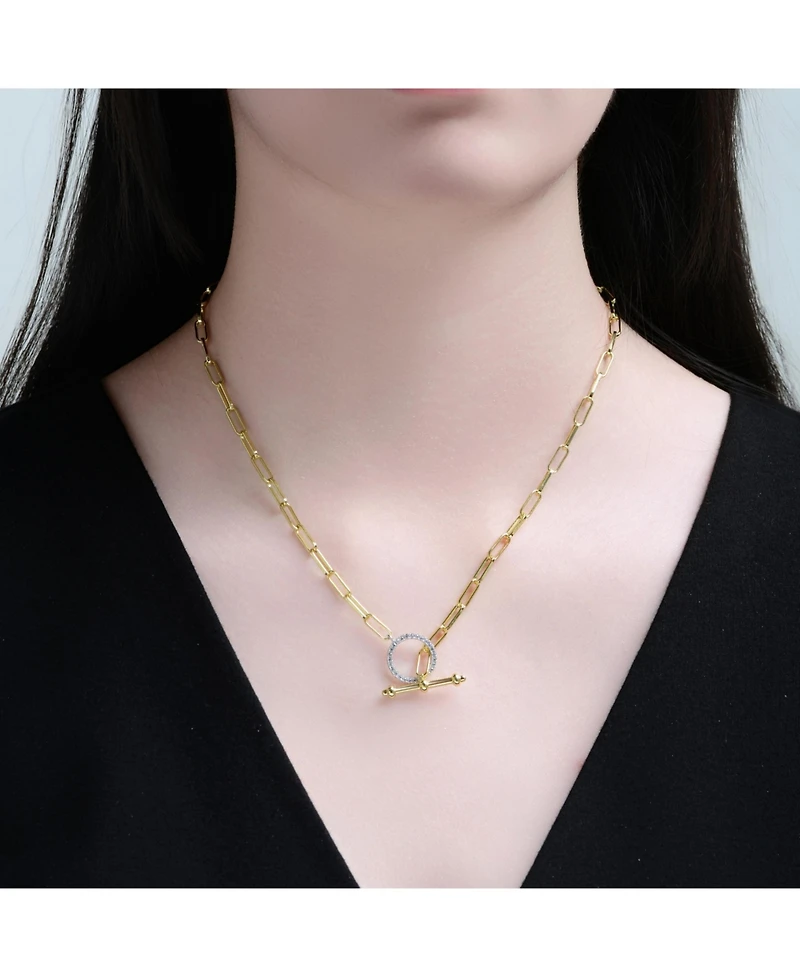 Rachel Glauber Two-Tone with Clear Cubic Zirconia Toggle Clasp Chain Necklace