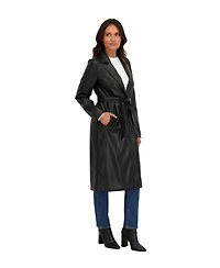 Sebby Collection Women's Belted Snap Front Faux Leather Long Trench Coat
