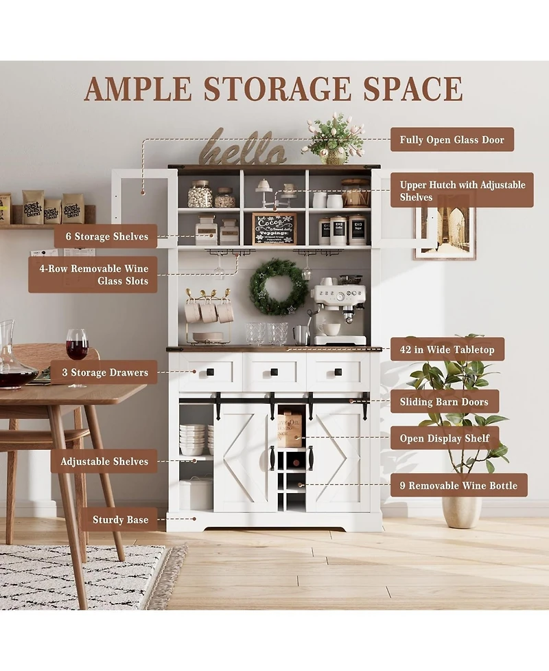 gaomon 72" Pure White Farmhouse Bar Cabinet with Sliding Barn Door, Kitchen Buffet with Hutch, 3 Drawers, Wine & Glasses Rack