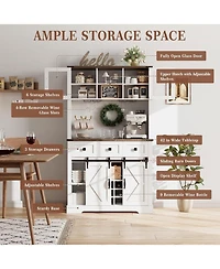 gaomon 72" Pure White Farmhouse Bar Cabinet with Sliding Barn Door, Kitchen Buffet with Hutch, 3 Drawers, Wine & Glasses Rack