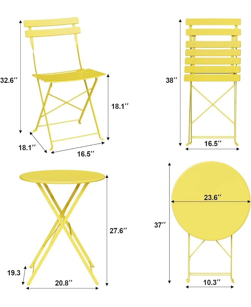 Gaomon 3-Piece Black Bistro Set, Folding Outdoor Furniture with Premium Steel Frame Table & 2 Folding Chairs, Balcony Use