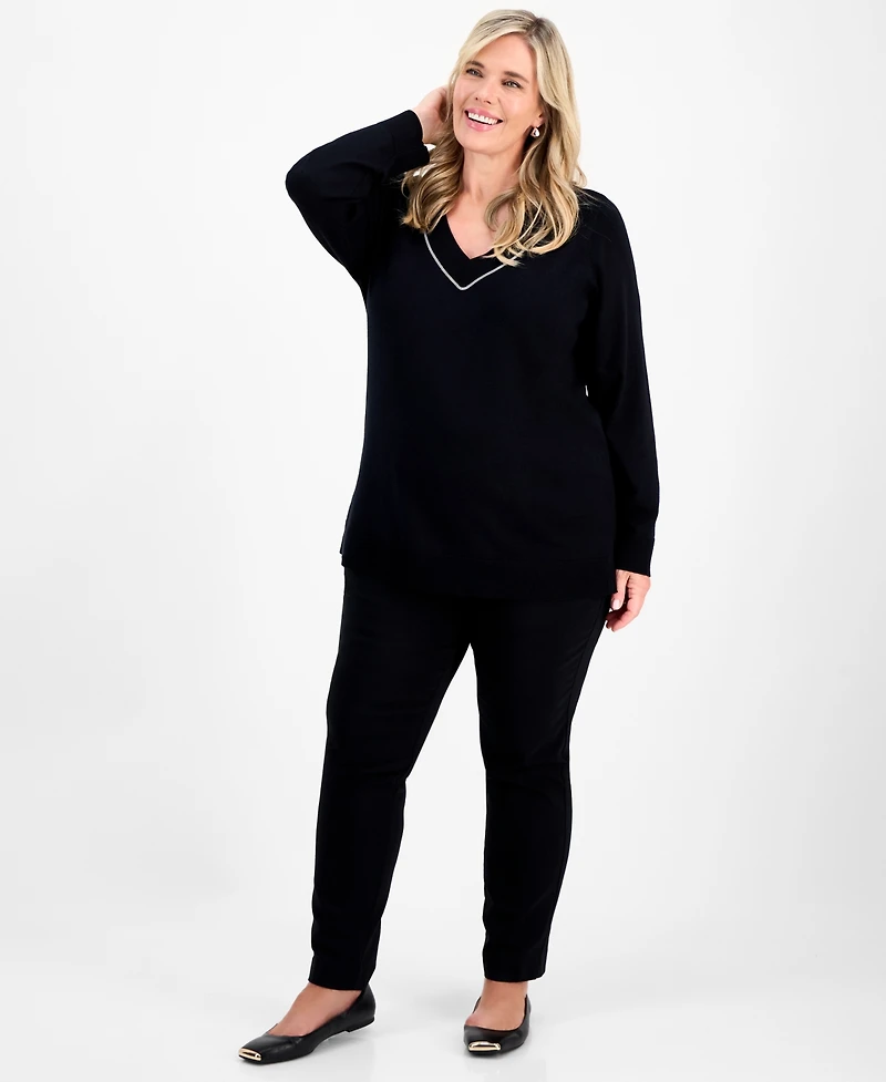 Jm Collection Plus Embellished V-Neck Sweater, Macy's Exclusive