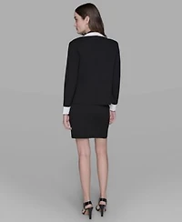 Karl Lagerfeld Paris Womens Cotton Colorblocked Pencil Skirt Embellished Pleated Top Cotton One Button Knit Blazer