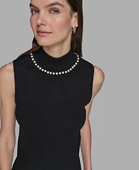 Karl Lagerfeld Paris Women's Bead-Embellished Sleeveless Mock-Neck Top