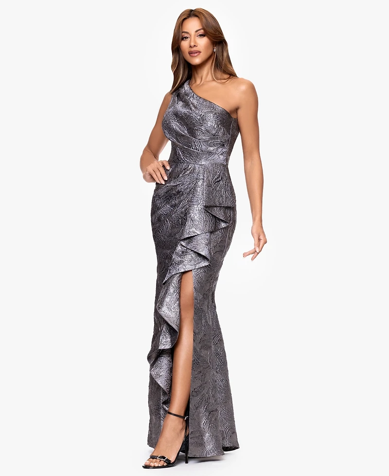 Xscape Women's Jacquard One Shoulder Ruffled Dress
