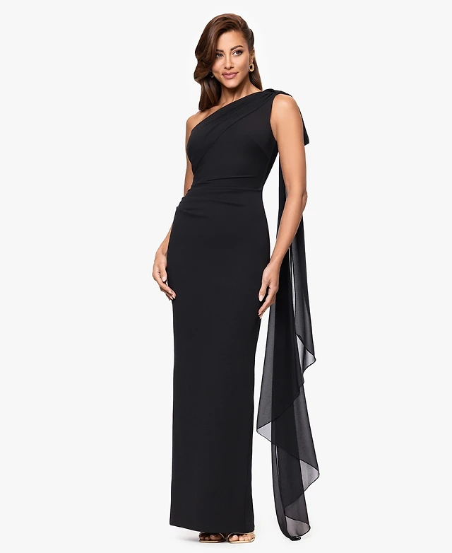 macy's black one shoulder dress Xscape Women's Sash Mini dress