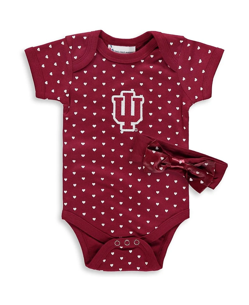 Two Feet Ahead Baby Boys and Girls Crimson Indiana Hoosiers Hearts Bodysuit and Headband Set