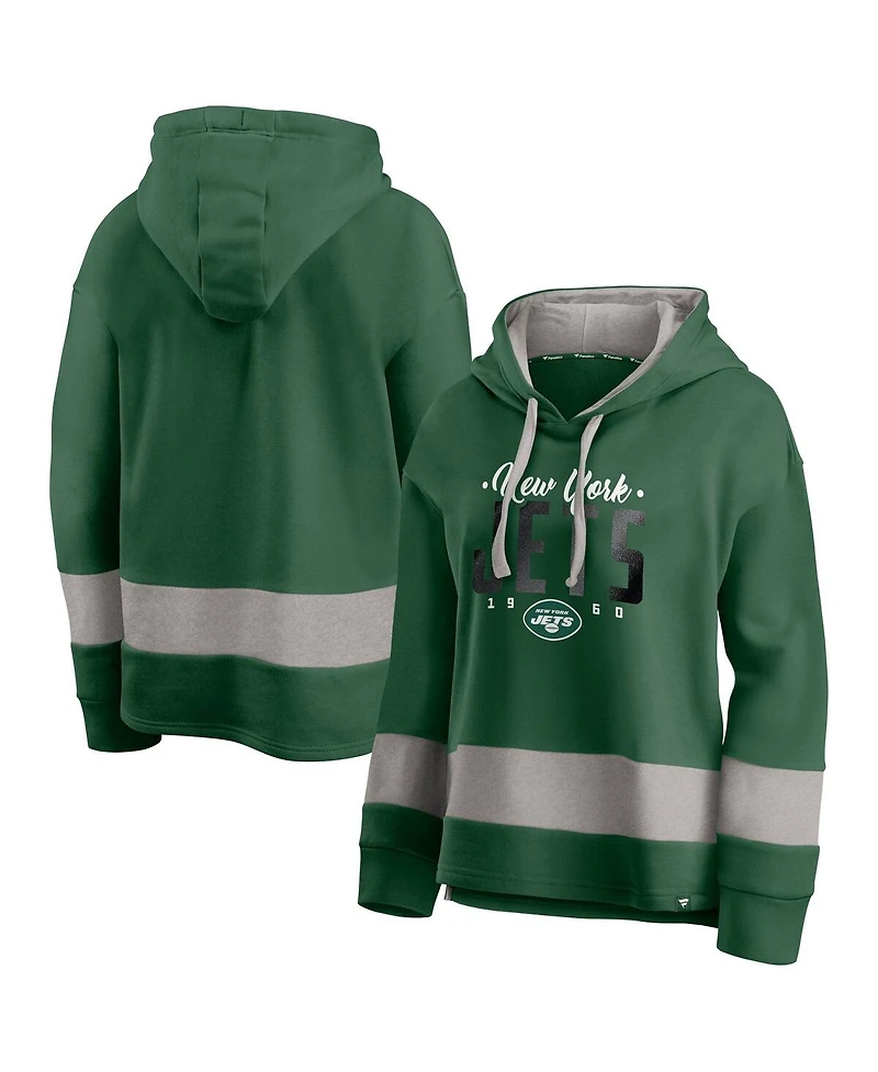 Fanatics Women's Green/Gray New York Jets Huddle Up Fundamental Fleece Color Block Pullover Hoodie