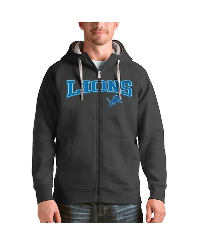 Antigua Men's Charcoal Detroit Lions Wordmark Victory Full-Zip Hooded Jacket