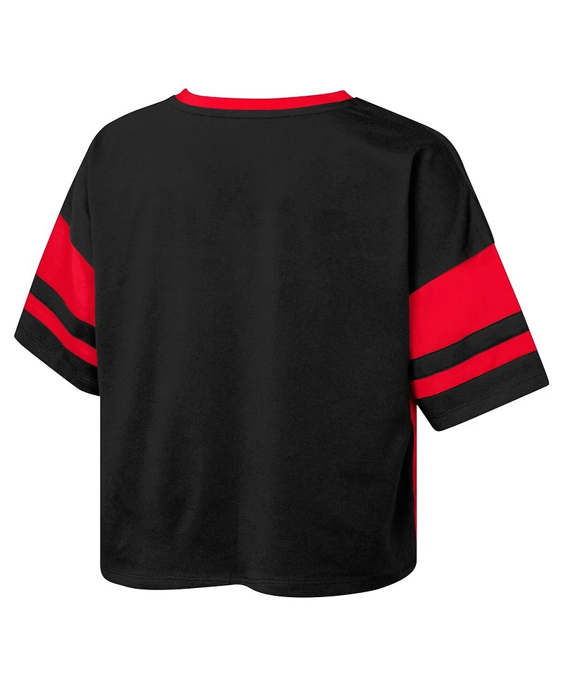 Outerstuff Big Girls Scarlet Nebraska Huskers The Playmaker Sleeve Stripe V-Neck Jersey T-Shirt