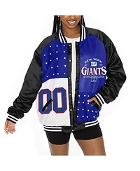 Gameday Couture Women's Black/Royal New York Giants Oversized Hot Shot Rhinestone Throwback Full-Snap Varsity Bomber Jacket