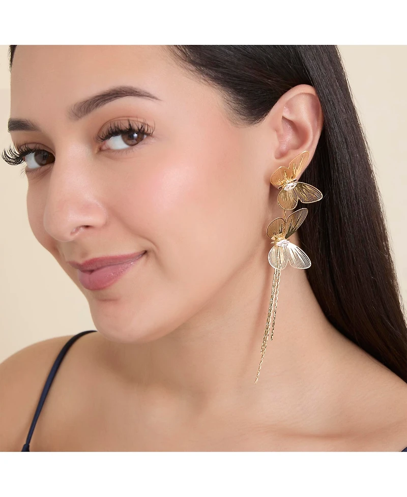 Jessica Simpson Long Butterfly Drop Earrings in Shimmering Gold-Tone