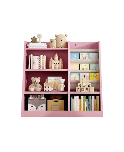 Jujabu Pink Wood Kids Bookshelf Toy Storage Organizer with Sling Book Rack Shelf for Playroom