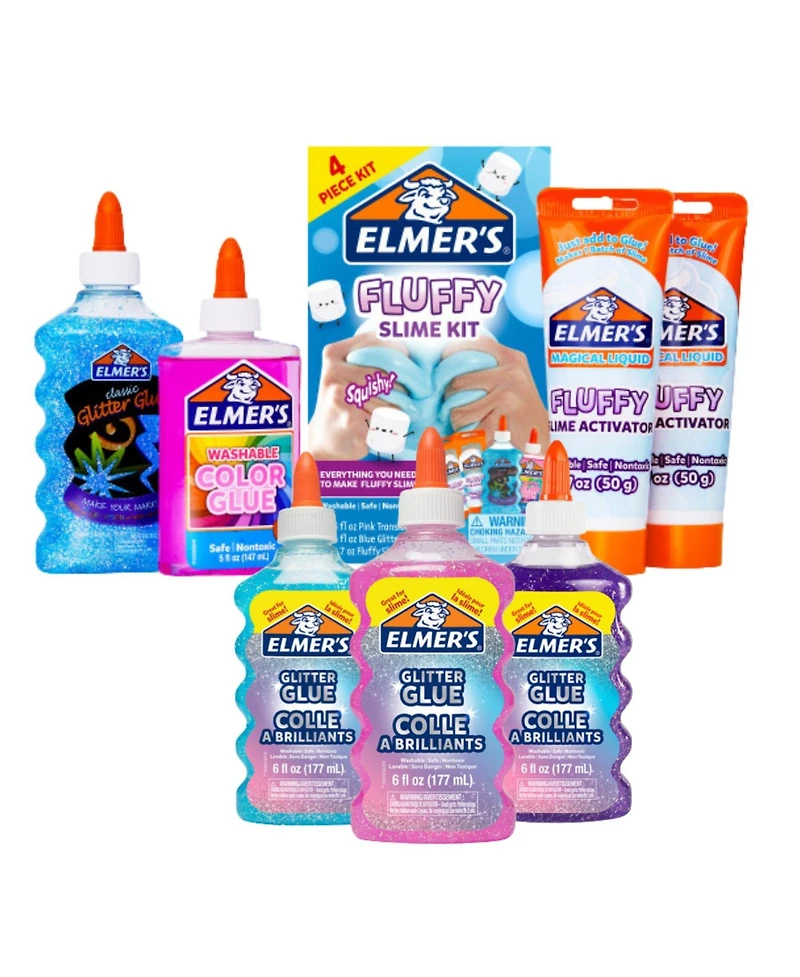 Elmer's Fluffy Slime Kit – Translucent Color Glue, Fluffy Activator & Glitter Glue (Blue, Pink, Purple, 6oz Bottles, 1 Ct Craft Set)