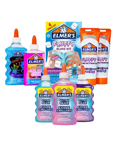 Elmer's Fluffy Slime Making Kit with Translucent Color Glue, Fluffy Slime Activator, and Assorted Liquid Glitter Glue in Blue, Pink, and Purple 6 oz B