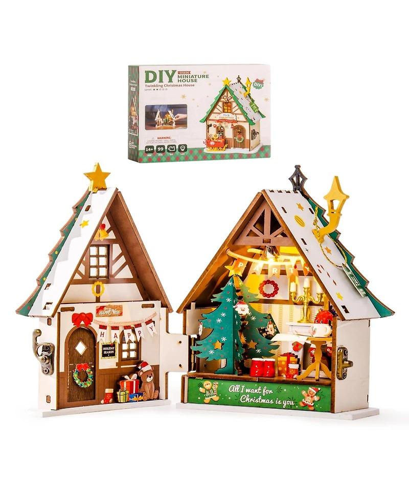 Robotime 3D Puzzles Miniature Dollhouse Kits for Adults,Mini House Toy Building Kit, Twinkling Christmas House, Multicolor, 9.06"7.56"2.17