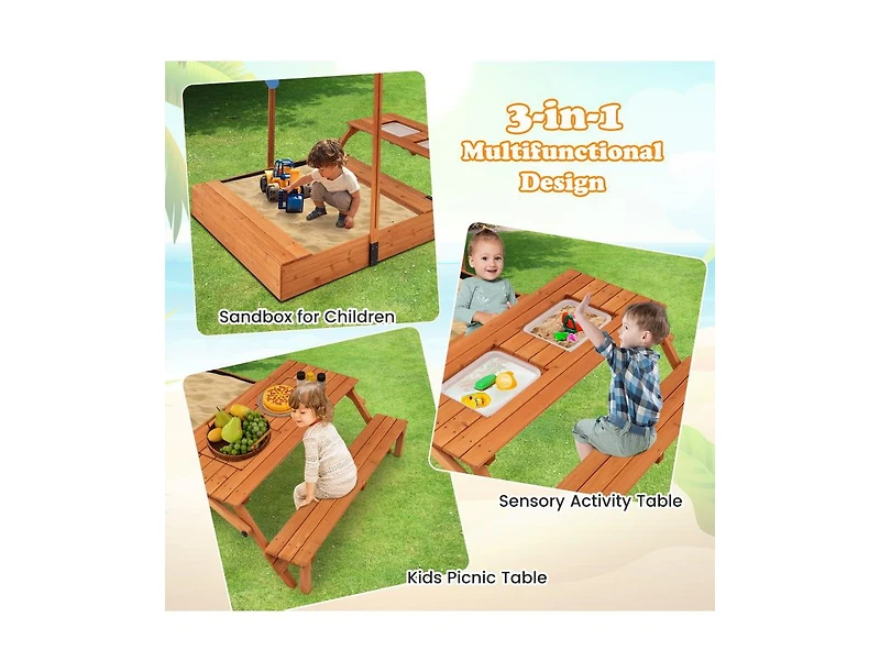 Akiudex 3-in-1 Kids Wooden Sandbox with Bench, Table, Bins and Adjustable Canopy
