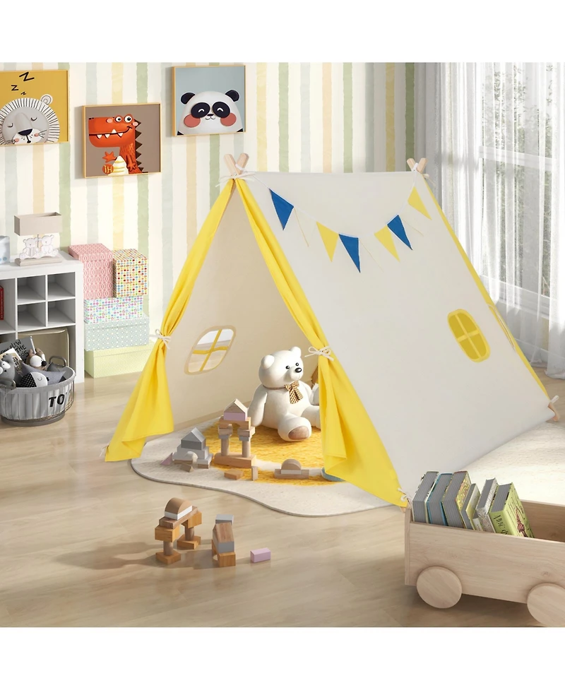 Akiudex Kids Indoor Outdoor Triangular Play Tent with Windows and Hanging Flags, Easy Setup