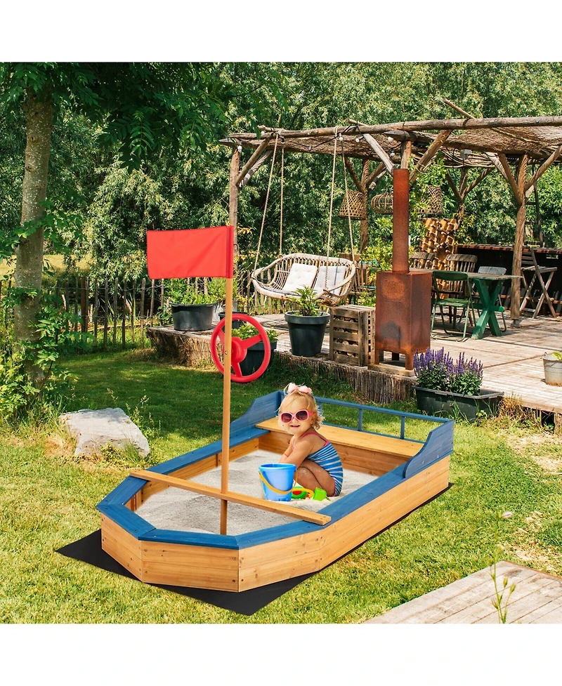 Akiudex Wooden Pirate Ship Sandbox with Bench and Liner for Kids Outdoor Play