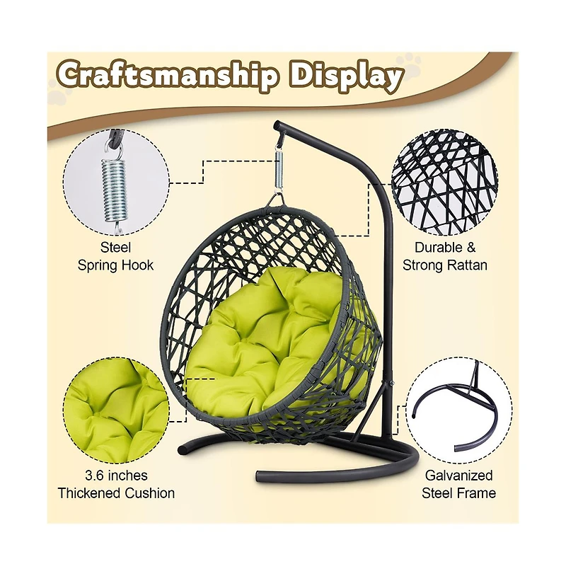 Rattan Wicker Cat Swing Bed with Stand and Green Cushion, Hanging Swinging Cat Bed for Cats and Small Animals
