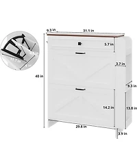 Ironck Shoe Storage Cabinet with 2 Flip Drawers and Barn Door, White/Walnut