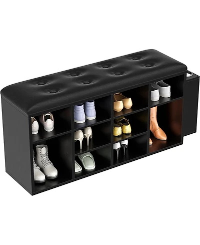 Ironck Shoe Bench, Ten Cubbies Storage Entryway Bench with Pu Leather, Black