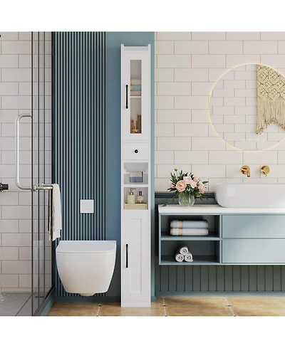 Tall Bathroom Cabinet with Drawer, Door and Adjustable Shelves, White