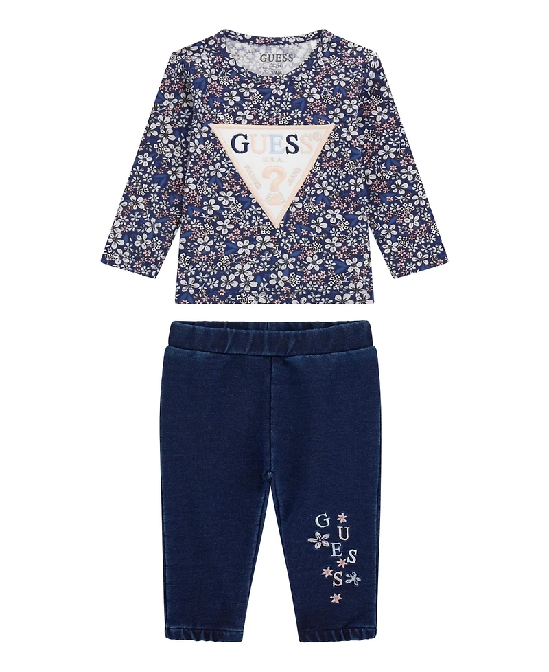 Guess Baby Girls 2-Piece Long Sleeve T-Shirt and Knit Denim Pants Set