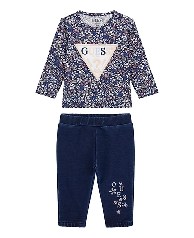 Guess Baby Girls 2-Piece Long Sleeve T-Shirt and Knit Denim Pants Set