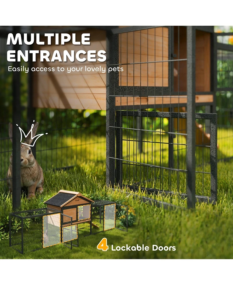 PawHut 85" Rabbit Hutch Outdoor with Steel Run, Removable Plastic Tray