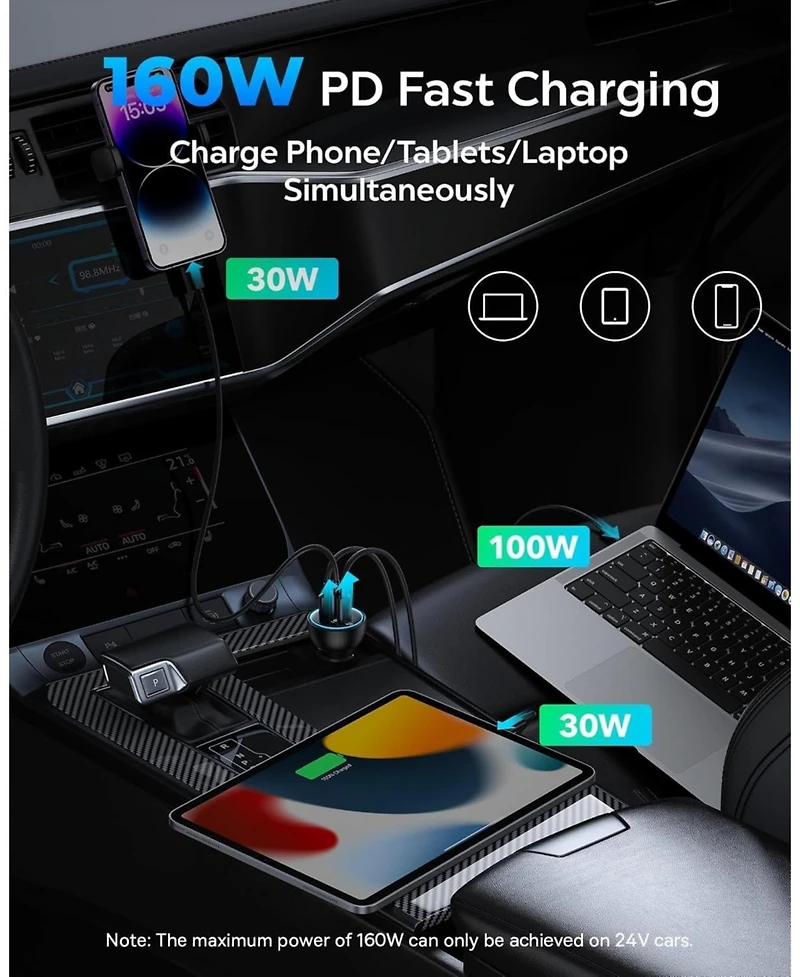 Baseus 160W Usb C Car Charger, Baseus Type C Car Charger, QC5.0 PD3.0 Pps 3 Ports Super Fast Charging Car Phone Charger Adapter