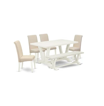 East West Furniture 6-Piece Dinette Table Set-Luxurious cream linen fabric Seat and High Stylish Chair Back Parson chairs, a Rectangular Bench and Rec