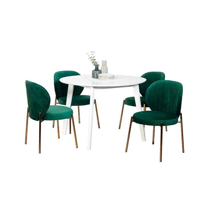 Roundhill Furniture Amoa 5-Pc Dining Set, White Round Dining Table with 4 Chairs, Green