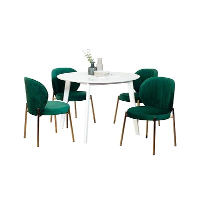 Roundhill Furniture Amoa 5-Pc Dining Set, White Round Dining Table with 4 Chairs, Green