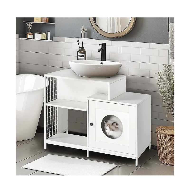 Aostirmotor White Cat Litter Box Enclosure Hidden Litter Washroom with Divider Indoor Large Cats