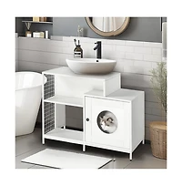 Aostirmotor White Cat Litter Box Enclosure Hidden Litter Washroom with Divider Indoor Large Cats