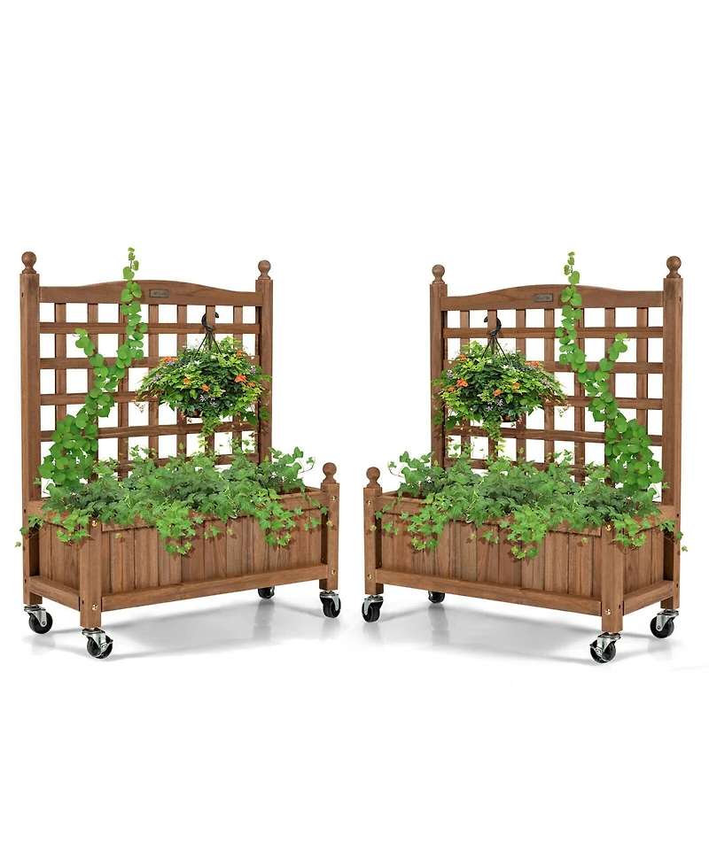 Gymax 2PC 32in Wood Planter Box w/Trellis Mobile Raised Bed for Climbing Plant