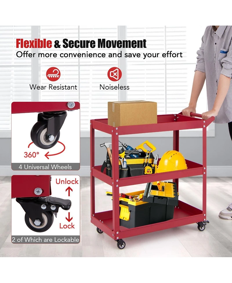 Akiudex 3-tier rolling tool cart with spacious shelves, 4 universal wheels and 2 brakes