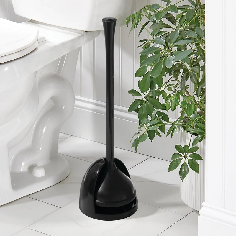 iDesign Compact Toilet Plunger with Holder for Bathroom - Black
