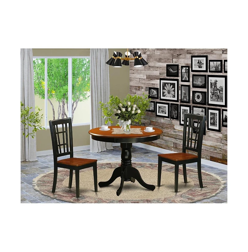 East West Furniture 3 Pc Dining Table with 2 Wood Chairs in Black and Cherry