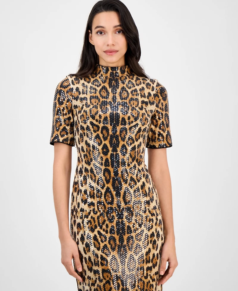 Anne Klein Women's Sequined Animal-Print Short-Sleeve Bodycon Dress